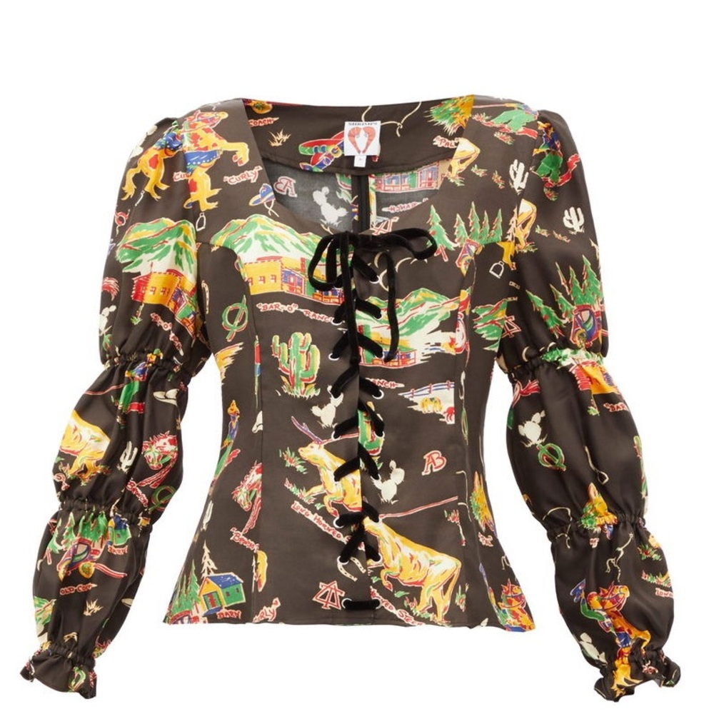 Shrimps Jerico Rodeo-Print Silk-Satin Puff Sleeve Blouse with Tie Front
